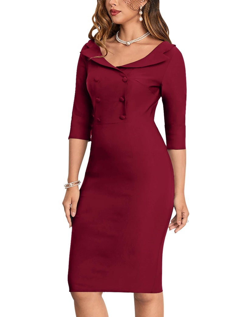 MUXXN Womens Sheer Button Up Sheath Slim Wear to Work Pencil Midi Office Dress (Burgundy M) - Image 4